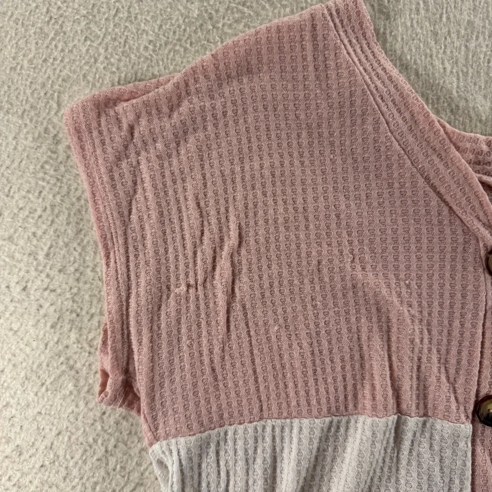Liberty Love Waffle Knit Top Womens L Pink White Good Colorblock Button Front